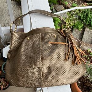 EUC Alfani Antique Gold Perforated Leather w. Gold Accents Shoulder Bag 10x12x9